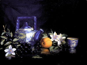 apricot, grapes with blossoms and teapot.