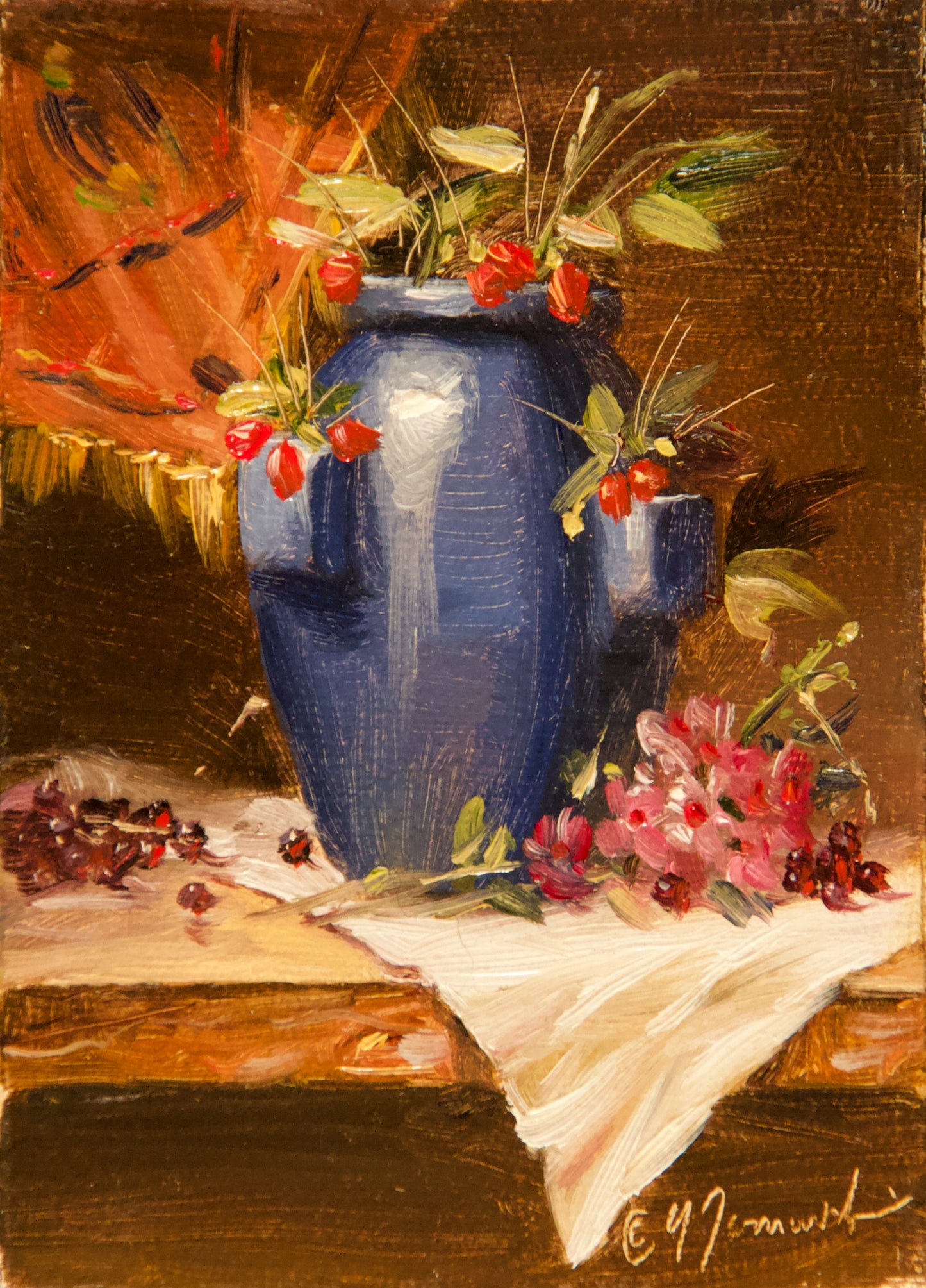 Mini-Azul Jarron y Flores 4"x5" Oil on Masonite (Unframed)