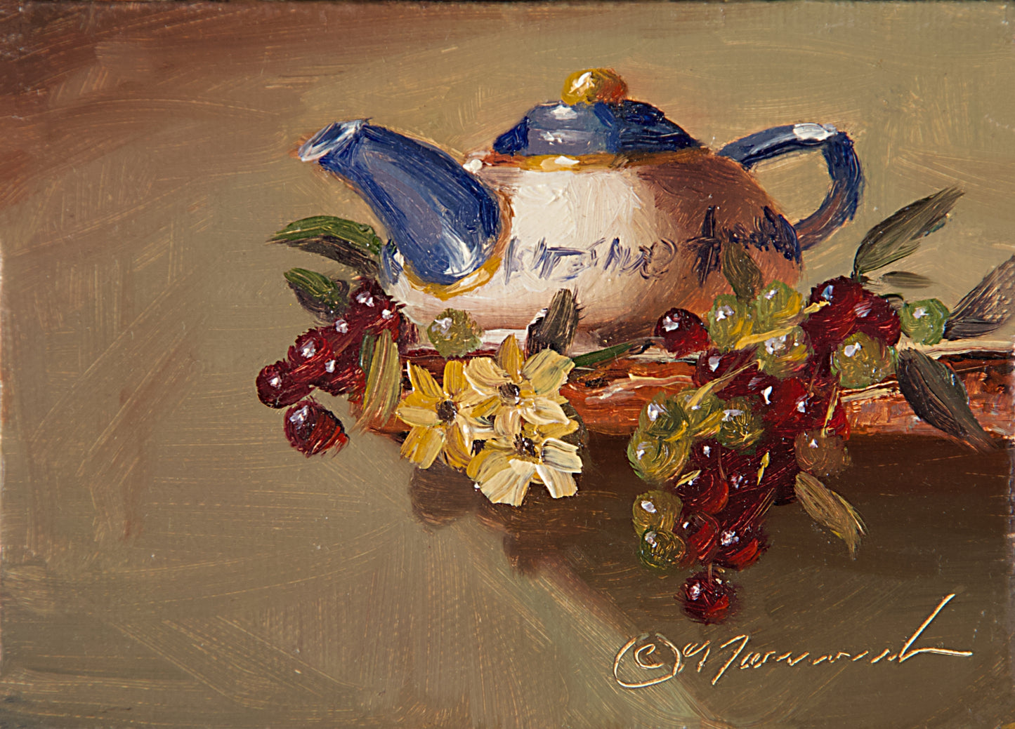 Mini-Asian Pot w/Grapes 4"x5" Oil on Canvas (Unframed)
