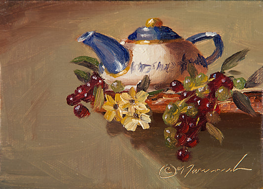 Mini-Asian Pot w/Grapes 4"x5" Oil on Canvas (Unframed)